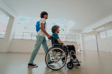 African American student pushing his friend's wheelchair through a modern school, demonstrating inclusion, accessibility, and the power of friendship.Assistance to people with disabilities