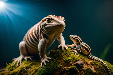 Lizard and Frog Bask Together on a Rock