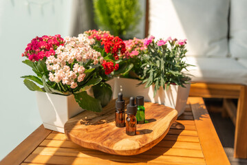 bottles of essential oils. natural cosmetics for skin care. A bottle and flowers in a pot on a wooden table. Taking care of health and beauty.