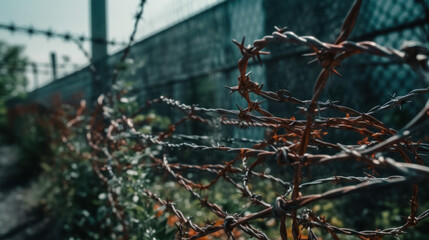 A close-up, detailed shot of a barbwire and razor wire fence's sharp features