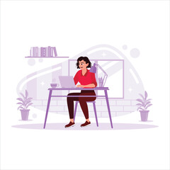 Young woman working in a modern office, working on finance and marketing projects over coffee. Trend Modern vector flat illustration