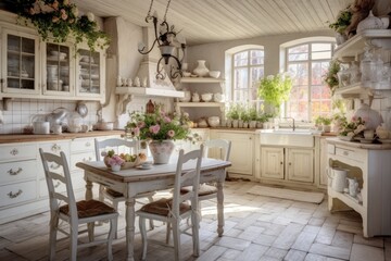 The kitchen has a vintage and rustic interior featuring white furniture, a wooden wall, and rustic decorations. The indoor space is well lit and bright.