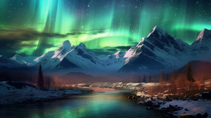 northern lights over the city in the mountains
