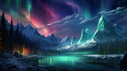 Fototapeta na wymiar northern lights over the city in the mountains