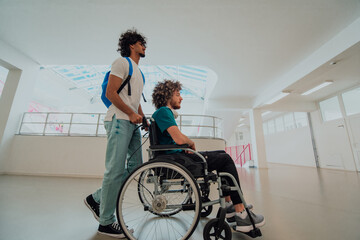 African American student pushing his friend's wheelchair through a modern school, demonstrating inclusion, accessibility, and the power of friendship.Assistance to people with disabilities