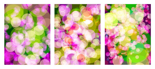 Pack of 3 abstract bokeh effect backgrounds with a spring or summer garden color scheme.