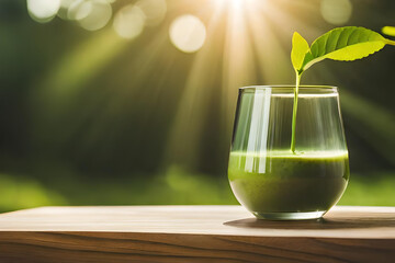 green matcha or maccha tea in a glass on natural background, detox and healthy drink created with generative ai technology