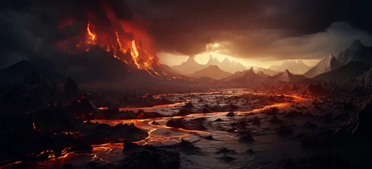 Foto auf Alu-Dibond Nature's Fury: Eruption of a Volcanic Mountain Depicted by Generative AI © desinko
