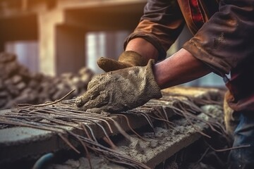Close up of a worker's hand in a protective glove working on a construction site.  Professional construction worker. Generative AI technology.