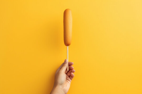 Photography picture of corn dog traditional american street junk snack wooden stick isolated on yellow color background generative ai