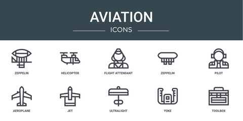 set of 10 outline web aviation icons such as zeppelin, helicopter, flight attendant, zeppelin, pilot, aeroplane, jet vector icons for report, presentation, diagram, web design, mobile app