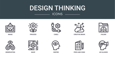 set of 10 outline web design thinking icons such as image, process, cable, creative brain, folder, observation, maze vector icons for report, presentation, diagram, web design, mobile app
