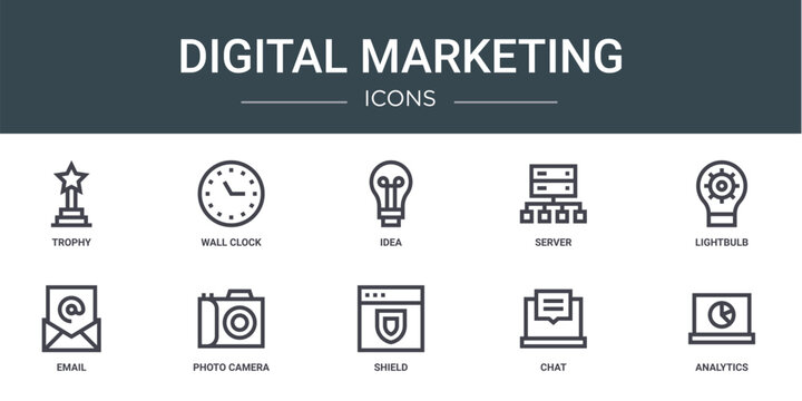 set of 10 outline web digital marketing icons such as trophy, wall clock, idea, server, lightbulb, email, photo camera vector icons for report, presentation, diagram, web design, mobile app