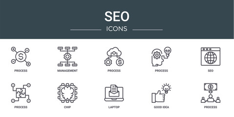 set of 10 outline web seo icons such as process, management, process, process, seo, chip vector icons for report, presentation, diagram, web design, mobile app