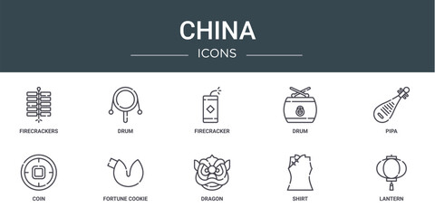 set of 10 outline web china icons such as firecrackers, drum, firecracker, drum, pipa, coin, fortune cookie vector icons for report, presentation, diagram, web design, mobile app