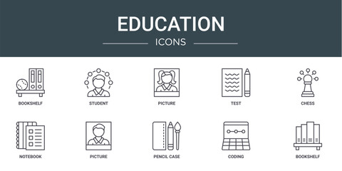 set of 10 outline web education icons such as bookshelf, student, picture, test, chess, notebook, picture vector icons for report, presentation, diagram, web design, mobile app