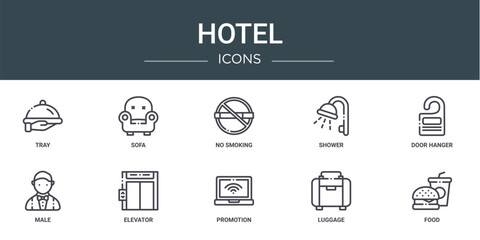 set of 10 outline web hotel icons such as tray, sofa, no smoking, shower, door hanger, male, elevator vector icons for report, presentation, diagram, web design, mobile app