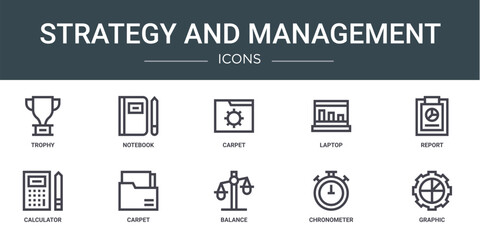 set of 10 outline web strategy and management icons such as trophy, notebook, carpet, laptop, report, calculator, carpet vector icons for report, presentation, diagram, web design, mobile app