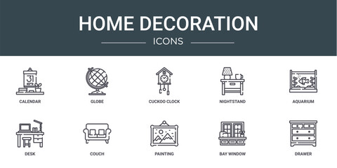 set of 10 outline web home decoration icons such as calendar, globe, cuckoo clock, nightstand, aquarium, desk, couch vector icons for report, presentation, diagram, web design, mobile app