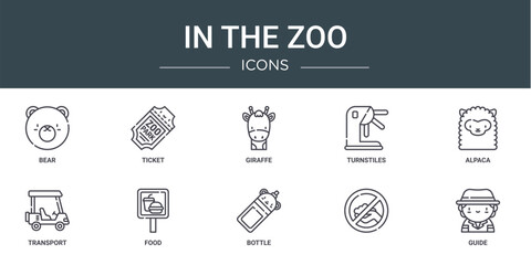 set of 10 outline web in the zoo icons such as bear, ticket, giraffe, turnstiles, alpaca, transport, food vector icons for report, presentation, diagram, web design, mobile app
