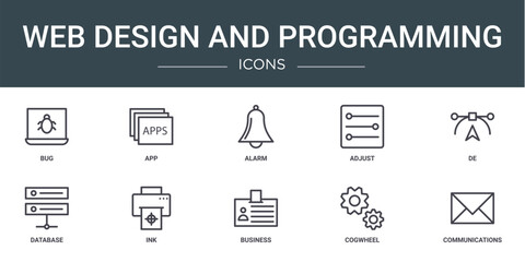 set of 10 outline web web design and programming icons such as bug, app, alarm, adjust, de, database, ink vector icons for report, presentation, diagram, web design, mobile app