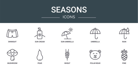 set of 10 outline web seasons icons such as swimsuit, sun cream, sun umbrella, umbrella, rain, mushroom, pear vector icons for report, presentation, diagram, web design, mobile app