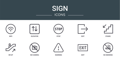 set of 10 outline web sign icons such as wifi, elevator, stop, exit, stairs, or up, no camera vector icons for report, presentation, diagram, web design, mobile app