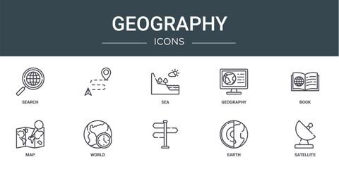 set of 10 outline web geography icons such as search, , sea, geography, book, map, world vector icons for report, presentation, diagram, web design, mobile app © MacroOne
