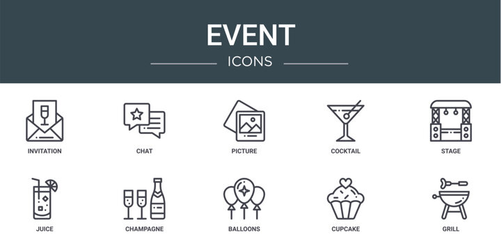 set of 10 outline web event icons such as invitation, chat, picture, cocktail, stage, juice, champagne vector icons for report, presentation, diagram, web design, mobile app