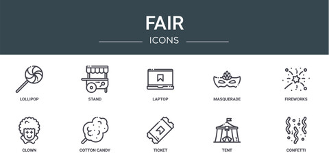 set of 10 outline web fair icons such as lollipop, stand, laptop, masquerade, fireworks, clown, cotton candy vector icons for report, presentation, diagram, web design, mobile app
