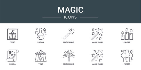 set of 10 outline web magic icons such as tent, potion, magic wand, magic wand, candle, scroll, tent vector icons for report, presentation, diagram, web design, mobile app