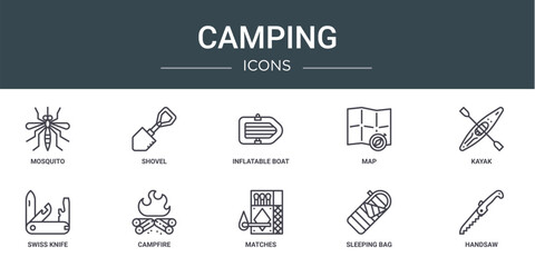 set of 10 outline web camping icons such as mosquito, shovel, inflatable boat, map, kayak, swiss knife, campfire vector icons for report, presentation, diagram, web design, mobile app