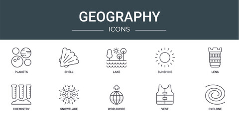 set of 10 outline web geography icons such as planets, shell, lake, sunshine, lens, chemistry, snowflake vector icons for report, presentation, diagram, web design, mobile app