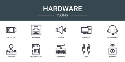 set of 10 outline web hardware icons such as low battery, ethernet, speaker, computer, headphones, joystick, memory card vector icons for report, presentation, diagram, web design, mobile app © MacroOne