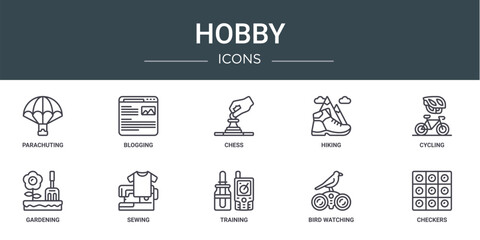 set of 10 outline web hobby icons such as parachuting, blogging, chess, hiking, cycling, gardening, sewing vector icons for report, presentation, diagram, web design, mobile app