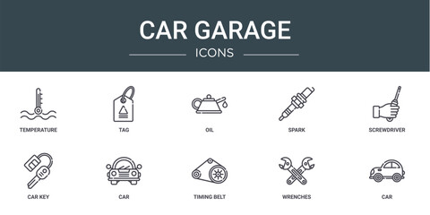 set of 10 outline web car garage icons such as temperature, tag, oil, spark, screwdriver, car key, car vector icons for report, presentation, diagram, web design, mobile app