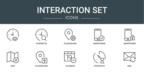 set of 10 outline web interaction set icons such as , stopwatch, placeholder, smartphone, smartphone, map, placeholder vector icons for report, presentation, diagram, web design, mobile app