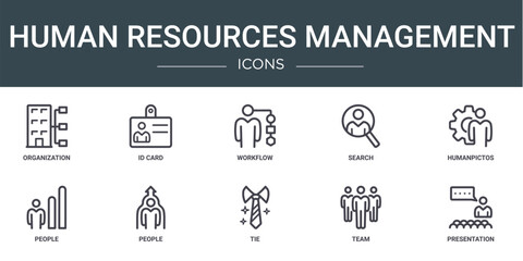 set of 10 outline web human resources management icons such as organization, id card, workflow, search, humanpictos, people, people vector icons for report, presentation, diagram, web design, mobile