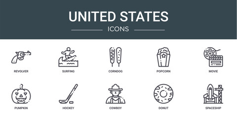 set of 10 outline web united states icons such as revolver, surfing, corndog, popcorn, movie, pumpkin, hockey vector icons for report, presentation, diagram, web design, mobile app