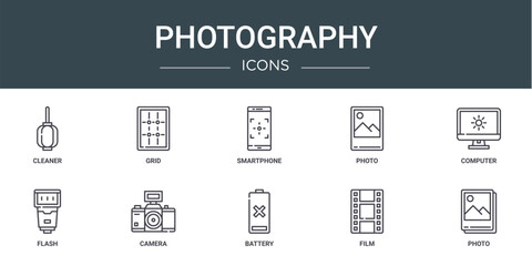 set of 10 outline web photography icons such as cleaner, grid, smartphone, photo, computer, flash, camera vector icons for report, presentation, diagram, web design, mobile app