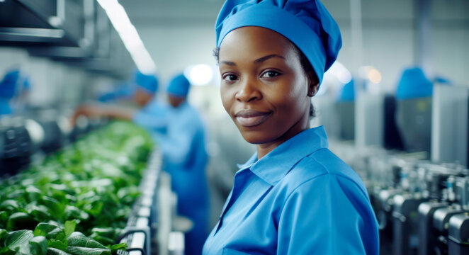 Afro-American worker preparing vegetables for packaging and distribution at a packaging center, labor day concept , copy space