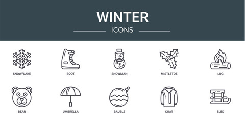set of 10 outline web winter icons such as snowflake, boot, snowman, mistletoe, log, bear, umbrella vector icons for report, presentation, diagram, web design, mobile app