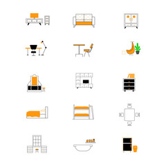 set of furnitures flat icons for web and applications. design in black and orange color icon.