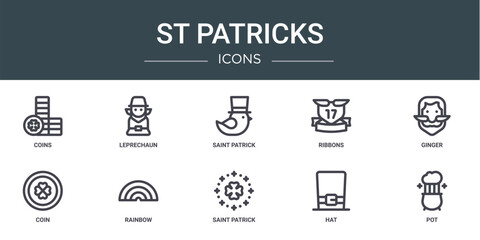 set of 10 outline web st patricks icons such as coins, leprechaun, saint patrick, ribbons, ginger, coin, rainbow vector icons for report, presentation, diagram, web design, mobile app