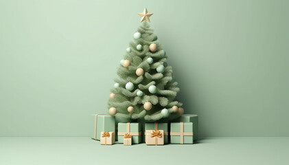 Christmas Tree Mockup Closeup isolated on green background. Christmas Eve with gift boxes. Winter traditional holidays. Merry Christmas and Happy New Year concept. Ai generative