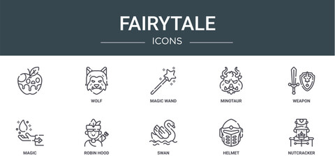 set of 10 outline web fairytale icons such as , wolf, magic wand, minotaur, weapon, magic, robin hood vector icons for report, presentation, diagram, web design, mobile app