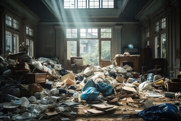A picture illustrating the piling up of trash and rubble as a consequence of household renovations. The disorganized chaos necessitates swift and effective disposal in order to bring back organization