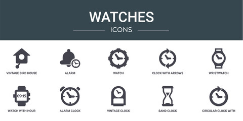 set of 10 outline web watches icons such as vintage bird house clock, alarm, watch, clock with arrows circle around, wristwatch, watch with hour and minutes numbers, alarm clock vector icons for
