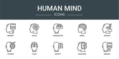 set of 10 outline web human mind icons such as memory, relax, imagination, brain, growth, triumph, calm vector icons for report, presentation, diagram, web design, mobile app