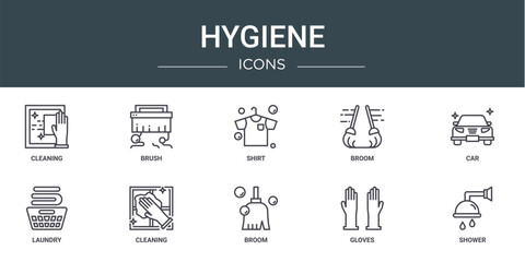 set of 10 outline web hygiene icons such as cleaning, brush, shirt, broom, car, laundry, cleaning vector icons for report, presentation, diagram, web design, mobile app